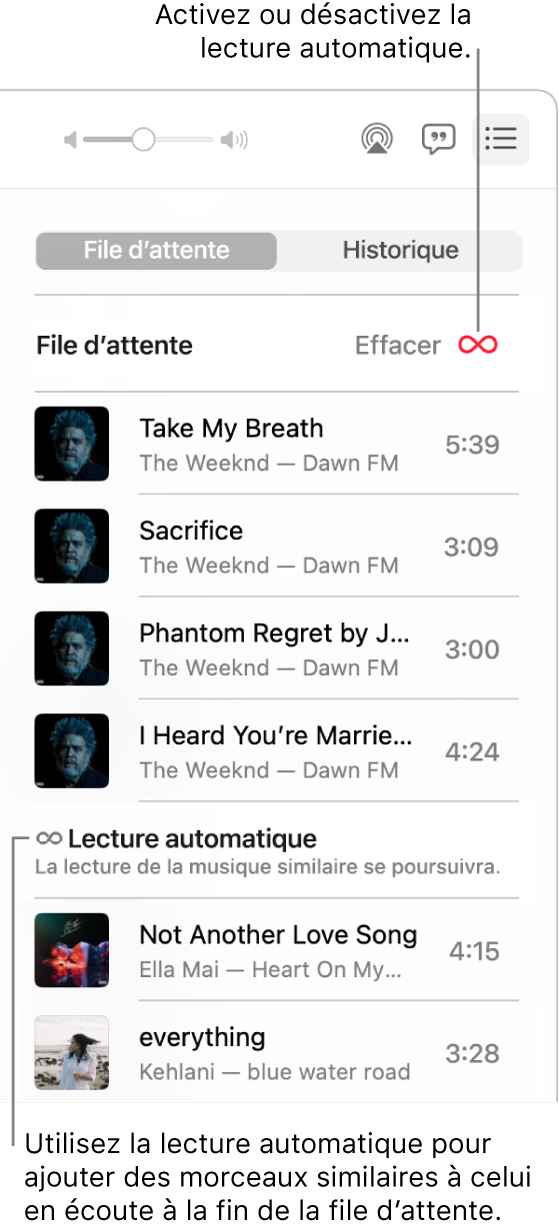 La file d’attente Suivant. Cliquez sur le bouton « Lecture automatique » pour activer ou désactiver la lecture automatique. Lorsque la lecture automatique est activée, des morceaux similaires sont ajoutés à la fin de la file d’attente.