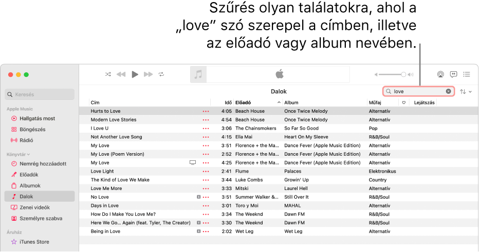 Az Apple Music ablaka, amelyben azok a dalok láthatók, amelyek akkor jelennek meg, amikor a „love” szót beírják a keresőmezőbe a jobb felső sarokban. A listában található dalok címében, előadója nevében vagy albuma címében megtalálható a „love” szó.