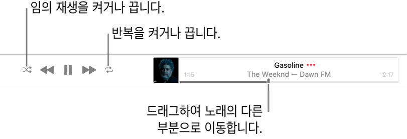 재생 중인 노래가 있는 배너. 임의 재생 버튼은 왼쪽 상단 가장자리에 있습니다. 반복 버튼은 오른쪽 상단 가장자리에 있습니다. 노래의 다른 부분으로 이동하려면 이동 막대를 드래그하십시오.