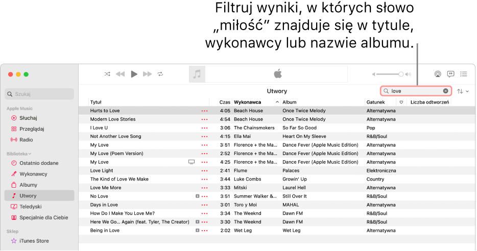 Okno Apple Music z listą utworów wyświetlaną po wprowadzeniu „love” w polu filtra w prawym górnym rogu. Utwory znajdujące się na liście zawierają słowo „love” w tytule, nazwie wykonawcy lub tytule albumu.