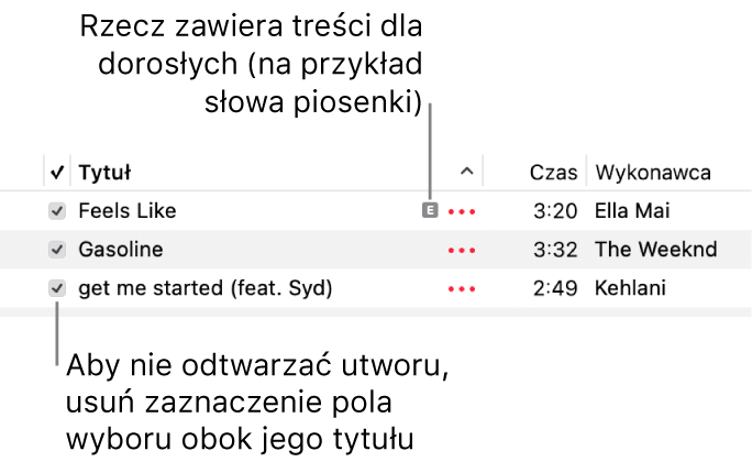Fragment listy utworów w kategorii Muzyka z widocznymi polami wyboru. Pierwszy utwór oznaczony jest jako przeznaczony tylko dla osób dorosłych (ponieważ na przykład jego słowa zawierają wulgaryzmy). Jeśli utwór nie ma być odtwarzany, należy usunąć zaznaczenie jego pola wyboru.
