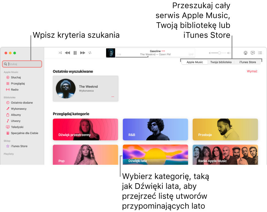 Okno Apple Music z polem wyszukiwania w lewym górnym rogu. Na środku okna widoczna jest lista kategorii. W prawym górnym rogu widoczny jest przełącznik umożliwiający szukanie w Apple Music, w Twojej bibliotece lub w iTunes Store. Wprowadź kryteria wyszukiwania w polu Szukaj, a następnie wybierz, czy chcesz szukać w całej zawartości Apple Music, tylko w swojej bibliotece, czy w iTunes Store.