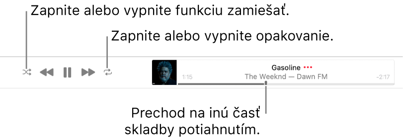 Banner s prehrávanou skladbou. Tlačidlo Zamiešať sa nachádza v ľavom hornom rohu. Tlačidlo Opakovať sa nachádza v pravom hornom rohu. Ak chcete prejsť na inú časť skladby, potiahnite posuvník v indikátore priebehu prehrávania.