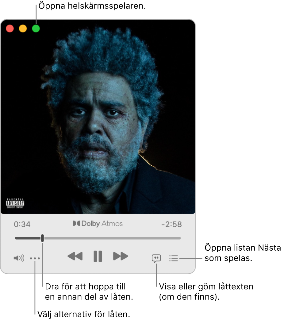 Den expanderade minispelaren som visar reglage för låten som spelas. I det övre vänstra hörnet finns fönsterreglagen som du använder till att öppna och stänga spelaren i helskärmsläge. Huvuddelen av fönstret visar bildmaterial för den låt som spelas. Nedanför bildmaterialet finns ett reglage för att flytta till en annan del av låten och knappar för att justera volymen, visa låttexten och se vad som spelas härnäst.