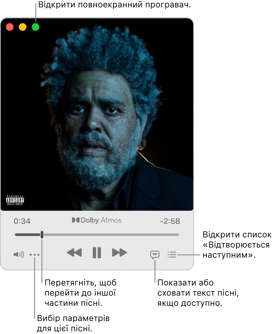 Розгорнутий мініпрогравач з елементами керування відтворюваною піснею. У лівому верхньому куті є елементи керування вікном, за допомогою яких можна відкрити та закрити програвач на весь екран. Основна частина вікна показує обкладинку альбому пісні, яка відтворюється. Під обкладинкою є повзунок для переходу до іншої частини пісні та кнопки для регулювання гучності, показу тексту пісні та перегляду композиції, що гратиме далі.