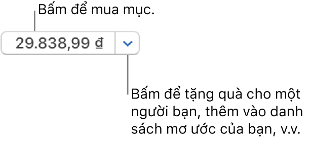Nút hiển thị giá. Bấm vào giá để mua mục. Bấm vào mũi tên bên cạnh giá để tặng mục cho một người bạn, thêm mục vào danh sách mơ ước của bạn, v.v.