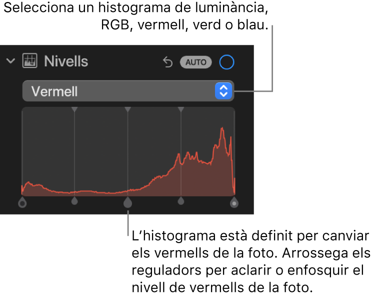 Els controls de Nivells al tauler Ajustar, que mostren l’histograma corresponent als vermells amb marcadors a sota per ajustar els nivells de vermell de la foto.