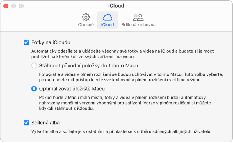 Panel iCloud v nastavení aplikace Fotky