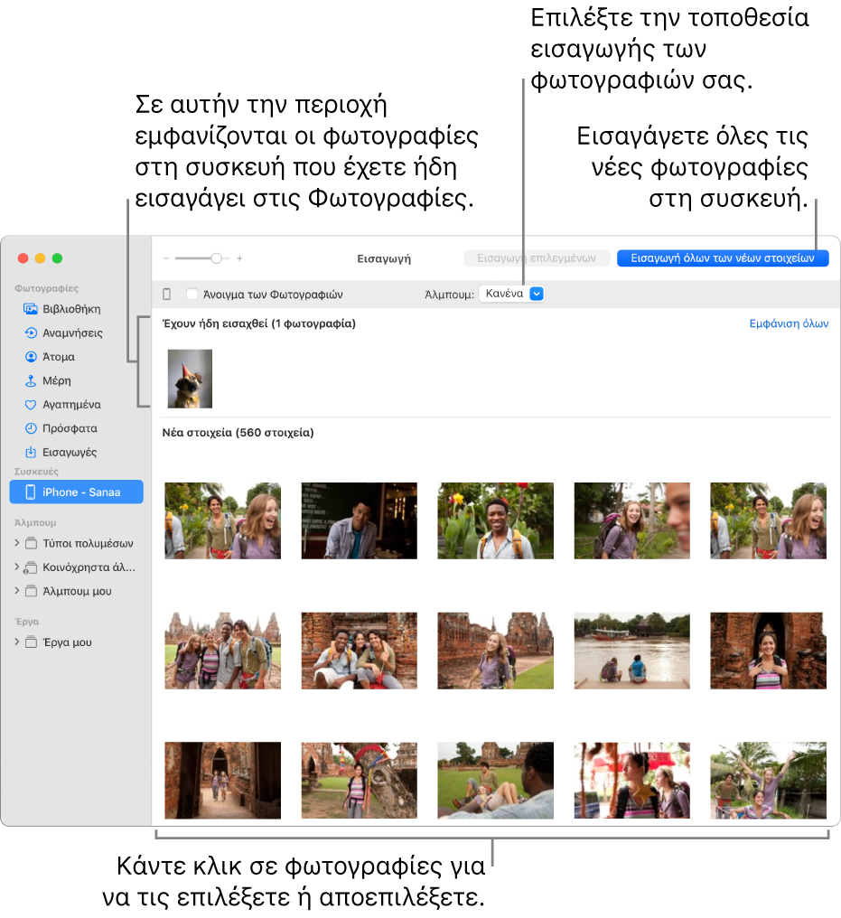 Οι φωτογραφίες στη συσκευή που έχουν ήδη εισαχθή εμφανίζονται στο πάνω μέρος του παραθύρου εισαγωγής. Οι νέες φωτογραφίες εμφανίζονται στο κάτω μέρος. Πάνω κεντρικά βρίσκεται το αναδυόμενο μενού «Άλμπουμ». Το κουμπί «Εισαγωγή όλων των νέων στοιχείων» βρίσκεται πάνω δεξιά.