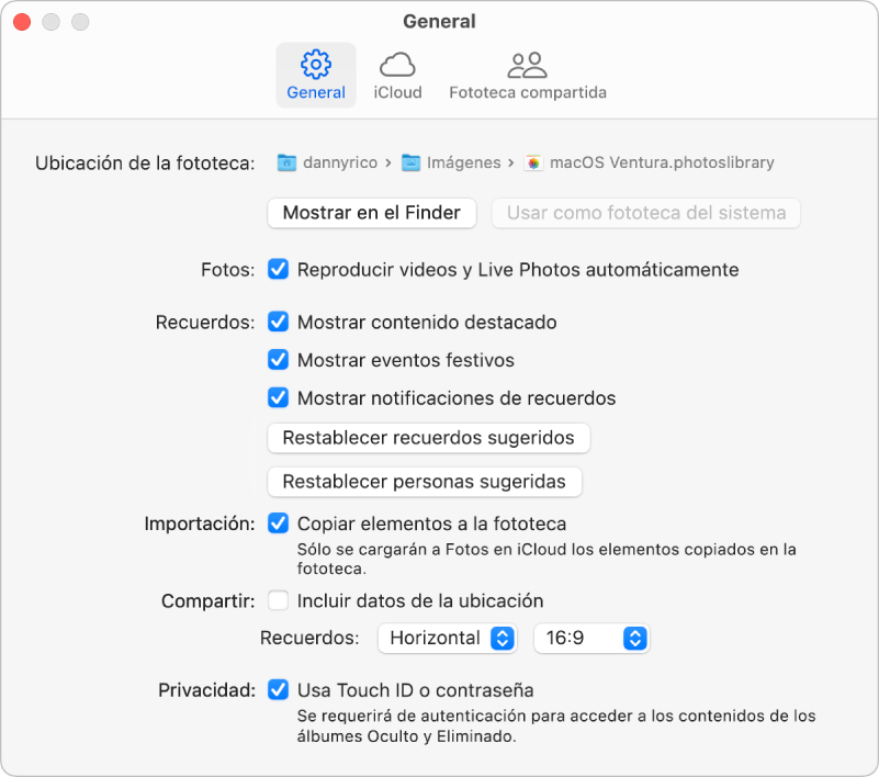 El panel General de la configuración de Fotos.
