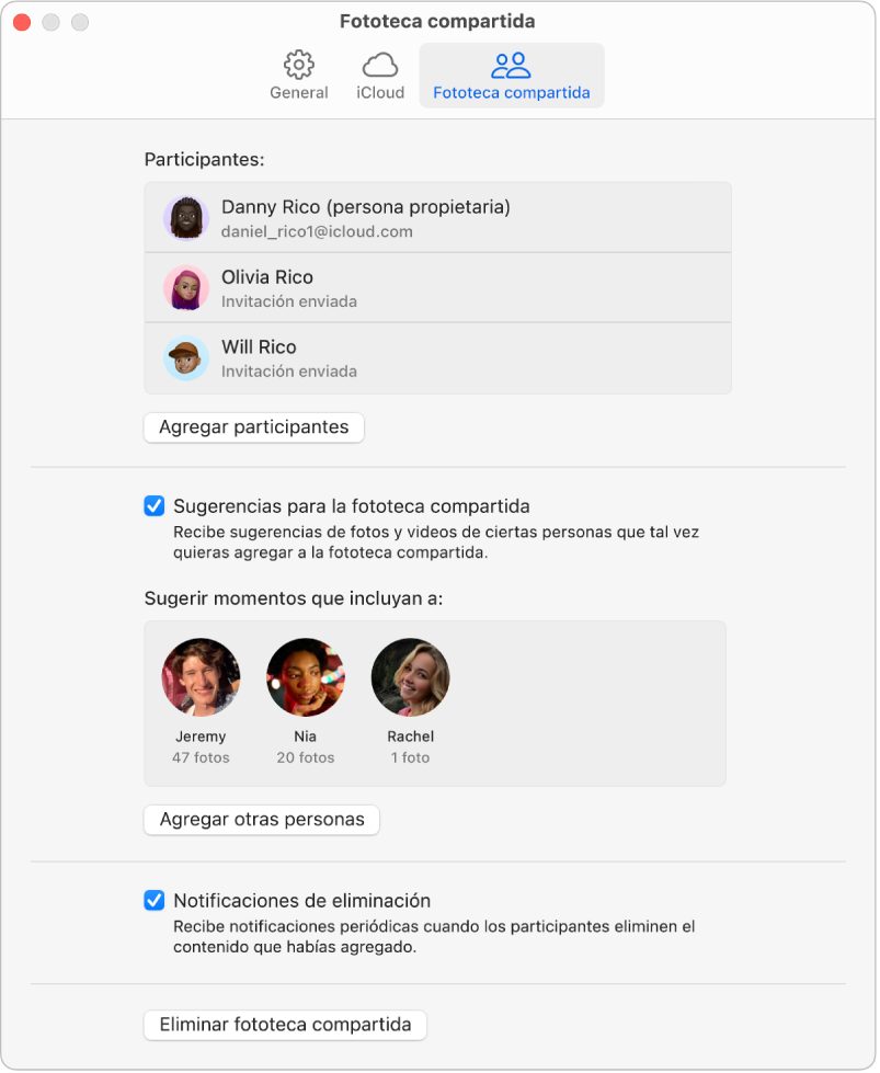 El panel Biblioteca compartida de la configuración de Fotos.