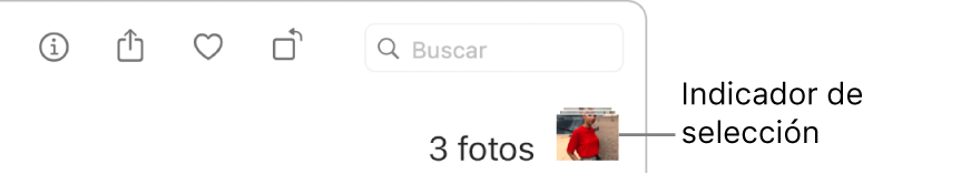 Un indicador de selección con tres fotos seleccionadas.