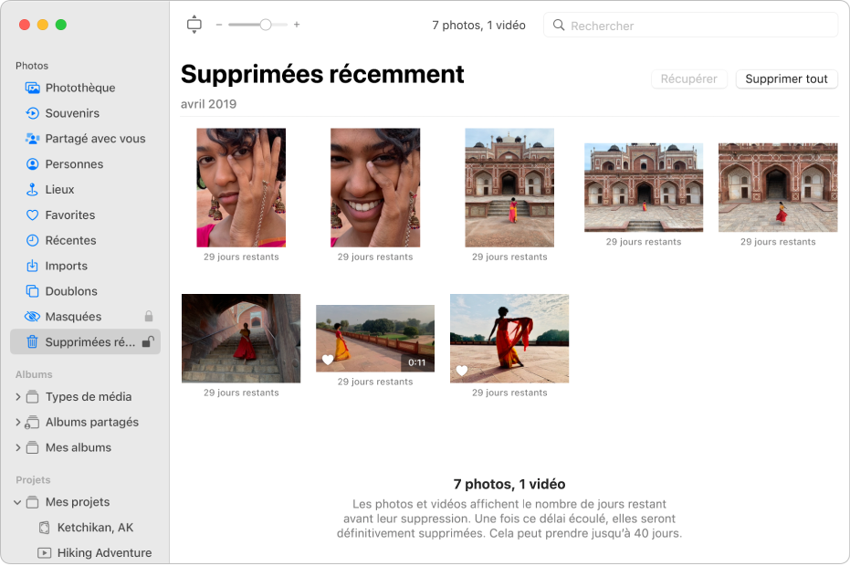La fenêtre Photos présentant l’album « Supprimées récemment » sélectionné dans la barre latérale et les éléments récemment supprimés affichés à droite.