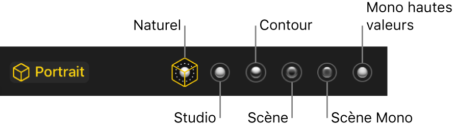Les effets d’éclairage du mode Portrait, dont (de gauche à droite) Naturel, Studio, Contour, Scène, « Scène mono » et « Mono hautes valeurs ».