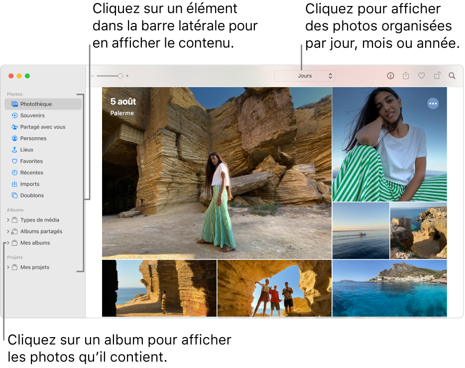 Fenêtre principale de Photos avec la barre latérale à gauche, les photos organisées par jours à droite et les boutons Années, Mois, Jours et « Toutes les photos » dans la barre d’outils en haut.
