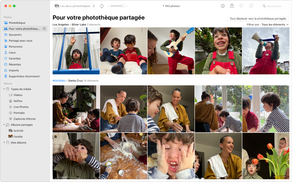 La fenêtre Photos montrant l’option « Pour votre photothèque partagée » sélectionnée dans la barre latérale et des suggestions de photos à ajouter à la photothèque partagée sur la droite.
