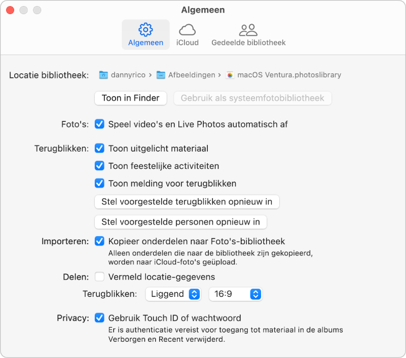 Het paneel 'Algemeen' in de instellingen van Foto's.