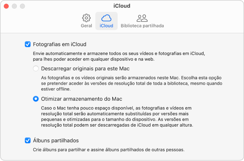 O painel iCloud das definições de Fotografias.