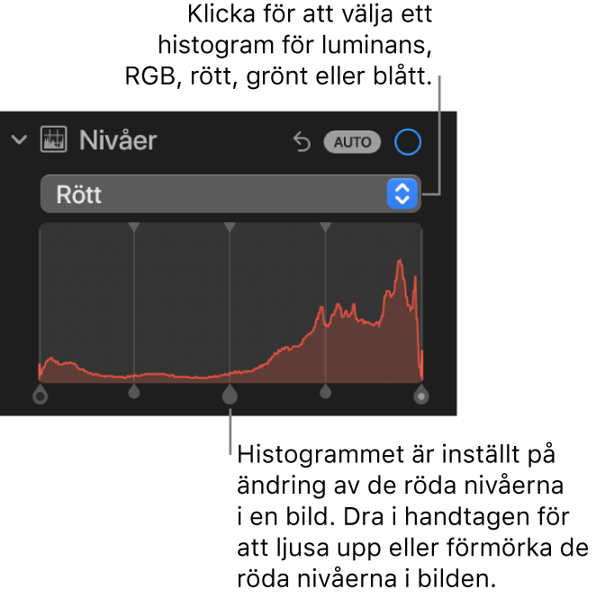 Nivåreglagen på panelen Justera med det röda histogrammet och handtag nedanför till att justera de röda nivåerna i bilden.