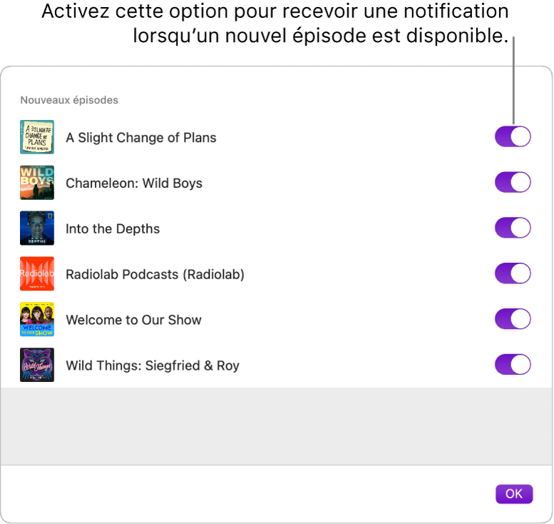 La fenêtre des notifications. Cliquez sur le bouton pour recevoir une notification lorsqu’un nouvel épisode est disponible.
