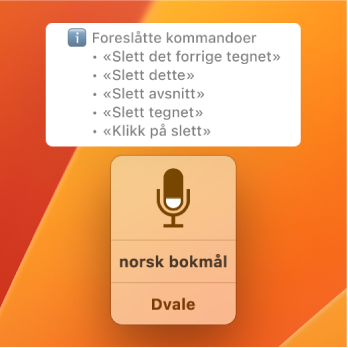 Tilbakemeldingsvinduet i Talekontroll med foreslåtte tekstkommandoer, som «Slett det» eller «Klikk på rediger», vises over det.