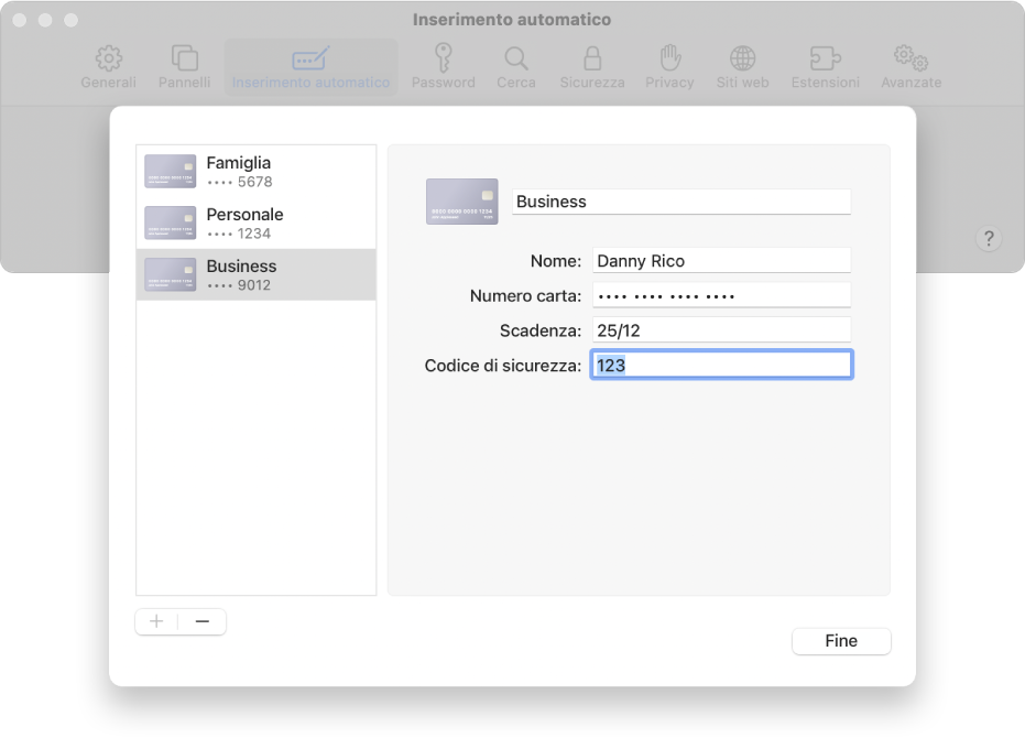 La finestra per l'inserimento delle informazioni della carta di credito, tra cui il codice di sicurezza della carta.