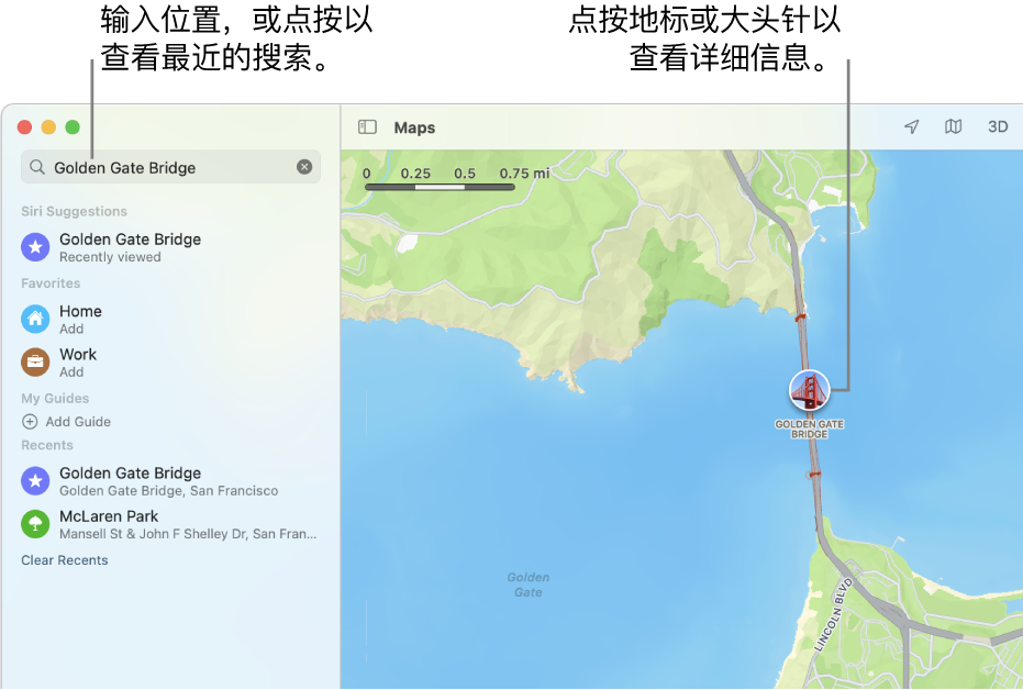 在搜索栏中输入位置,或点按它来查看最近的搜索。点按地标或大头针来查看详细信息。