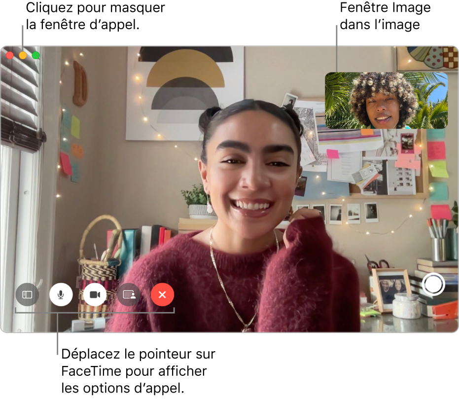 Placez le pointeur sur la fenêtre FaceTime pour afficher les boutons « Barre latérale », « Couper le micro », « Couper le son de la vidéo », « Partage de lʼécran », Raccrocher et « Live Photo ». Cliquez sur le bouton du milieu situé dans le coin supérieur gauche pour masquer la fenêtre d’appel. La fenêtre d’image dans l’image apparaît dans le coin supérieur droit.