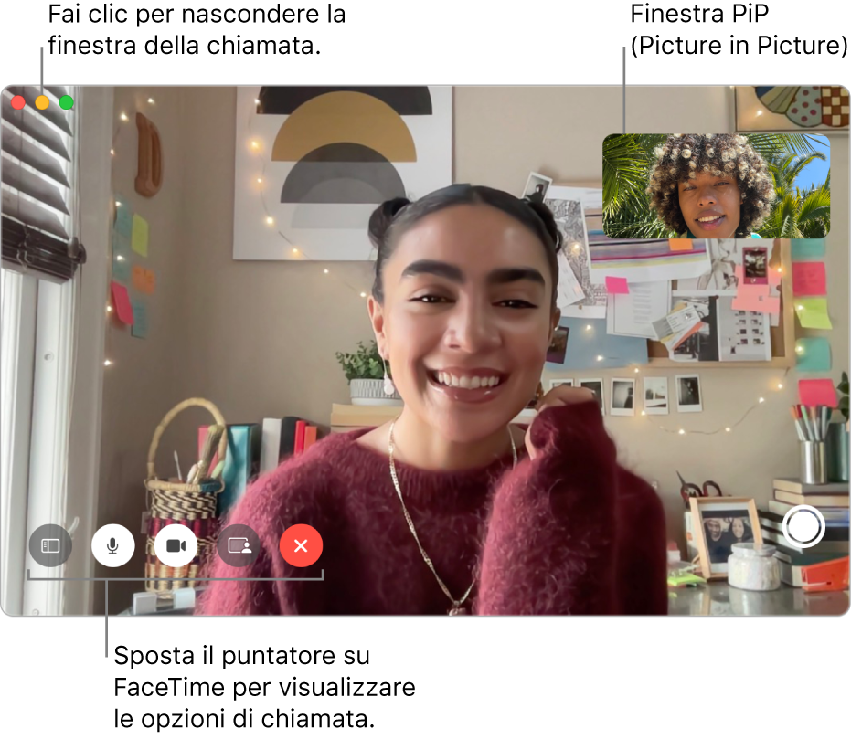 Sposta il puntatore sulla finestra FaceTime per visualizzare i pulsanti “Barra laterale”, Muto, “Disattiva audio del video”, “Condividi schermo”, “Termina chiamata” e Live Photo. Fai clic sul pulsante centrale nell’angolo in alto a sinistra per nascondere la finestra della chiamata. La finestra PIP viene visualizzata nell'angolo in alto a destra.