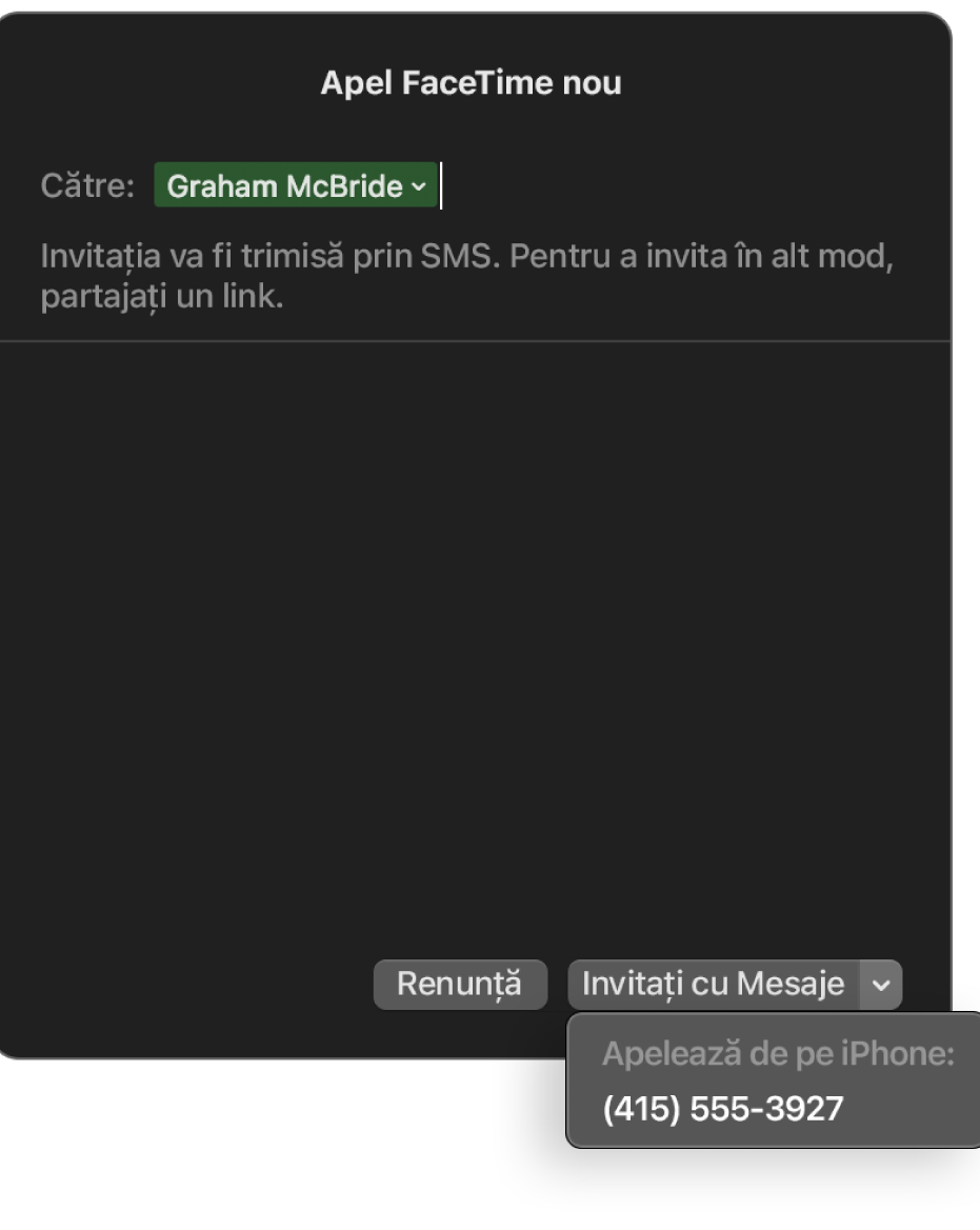 Fereastra Apel FaceTime nou cu numele unei persoane în câmpul Către. Fereastra pop-up din partea de jos vă propune să invitați cu Mesaje (trimiteți SMS) sau să apelați folosind un iPhone.