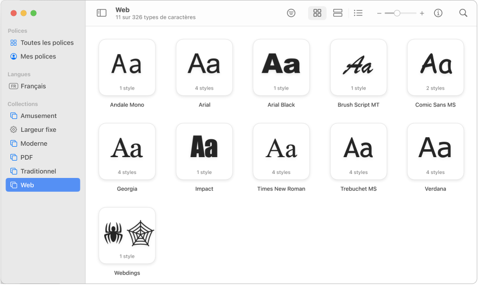 La fenêtre « Livre des polices » affichant la collection Web sélectionnée dans la barre latérale.