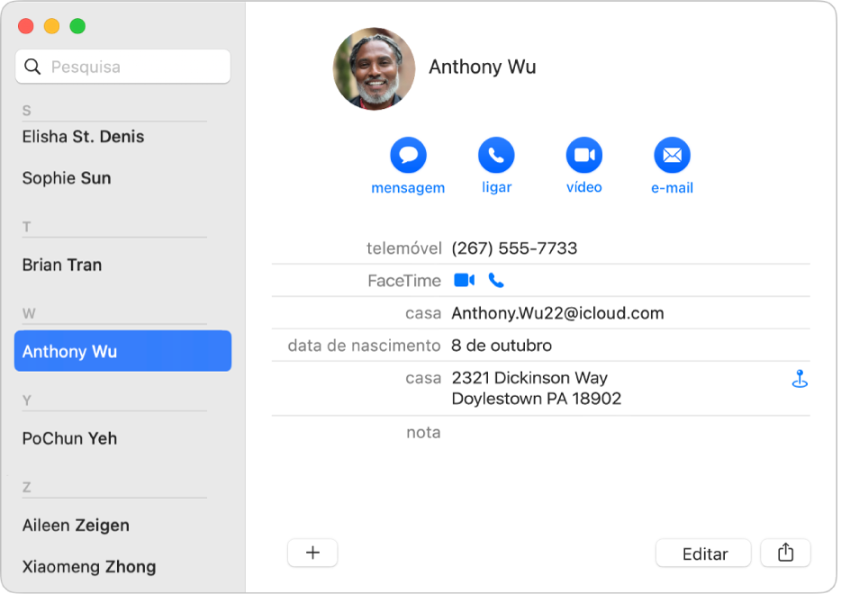 A janela da aplicação Contactos com o botão Mapa junto à morada.