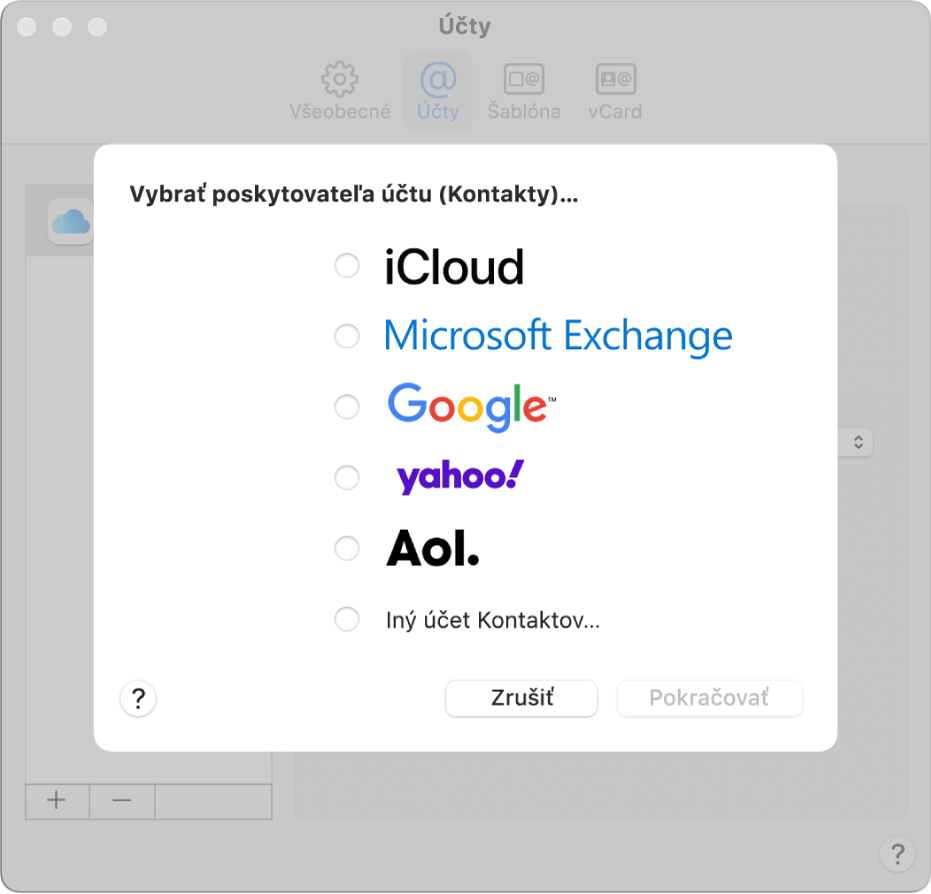 Okno na pridávanie internetových účtov do aplikácie Kontakty.