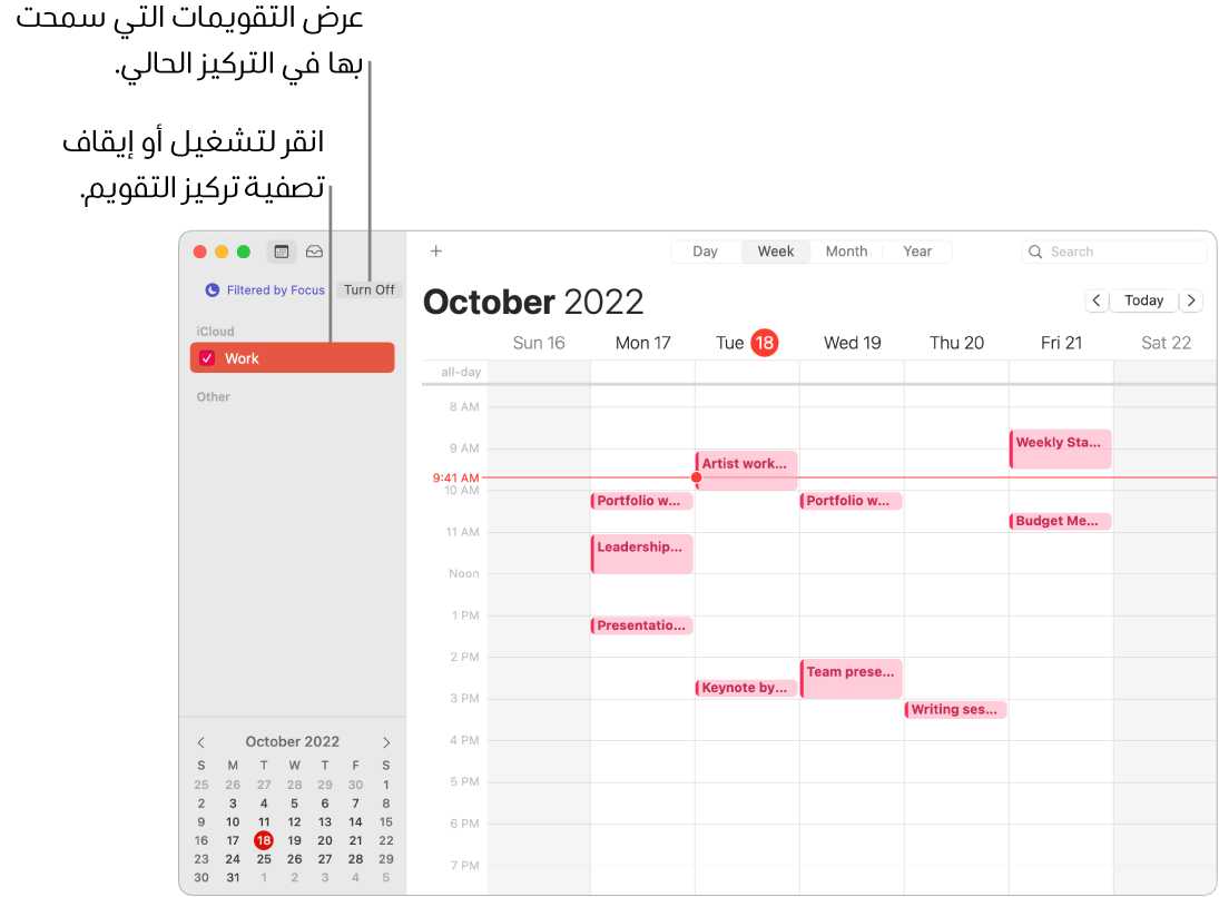نافذة تقويم في عرض الأسبوع تعرض تقويم العمل فقط في الشريط الجانبي بعد أن تم تشغيل تركيز العمل.