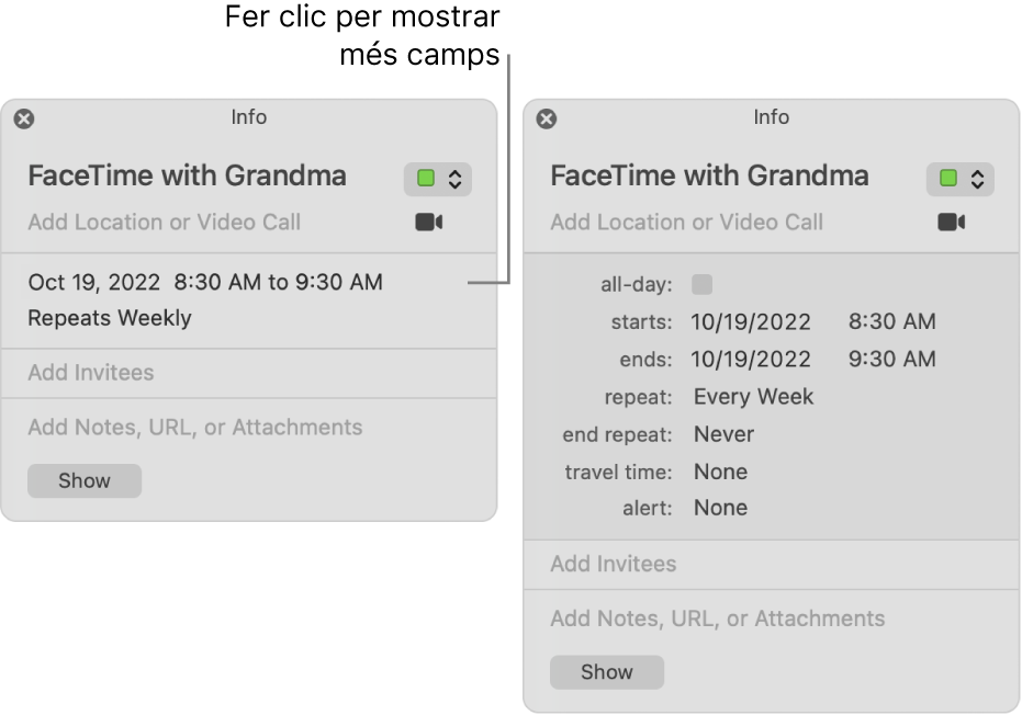 La imatge de l’esquerra mostra una finestra d’informació sense expandir per a un esdeveniment. A la dreta, la finestra d’informació per al mateix esdeveniment està expandida per mostrar camps addicionals, com ara l’inici, el final, la repetició i el temps de viatge.