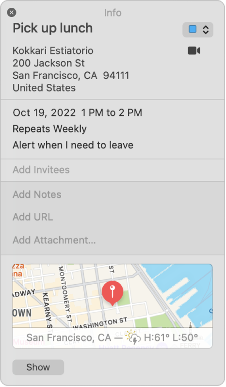 Janela de informação de um evento do Calendário. Os detalhes do evento são apresentados, incluindo o nome do local, a morada e um mapa pequeno.