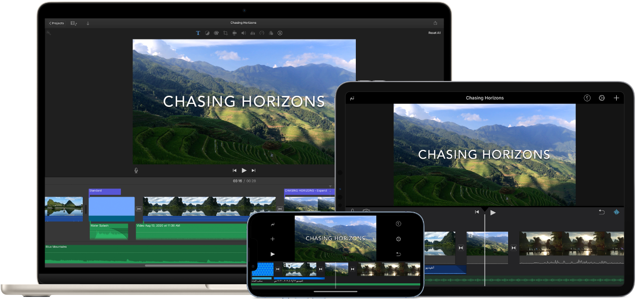 محتوى متماثل معروض على MacBook Air وiPad وiPhone.