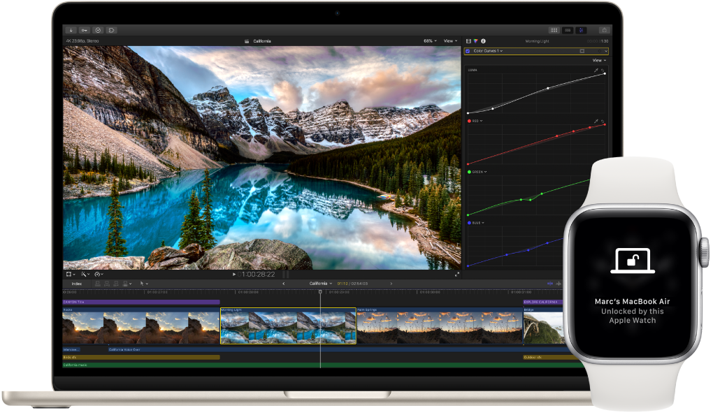 A MacBook Air, next to an Apple Watch showing a message that the Mac has been unlocked by the watch.