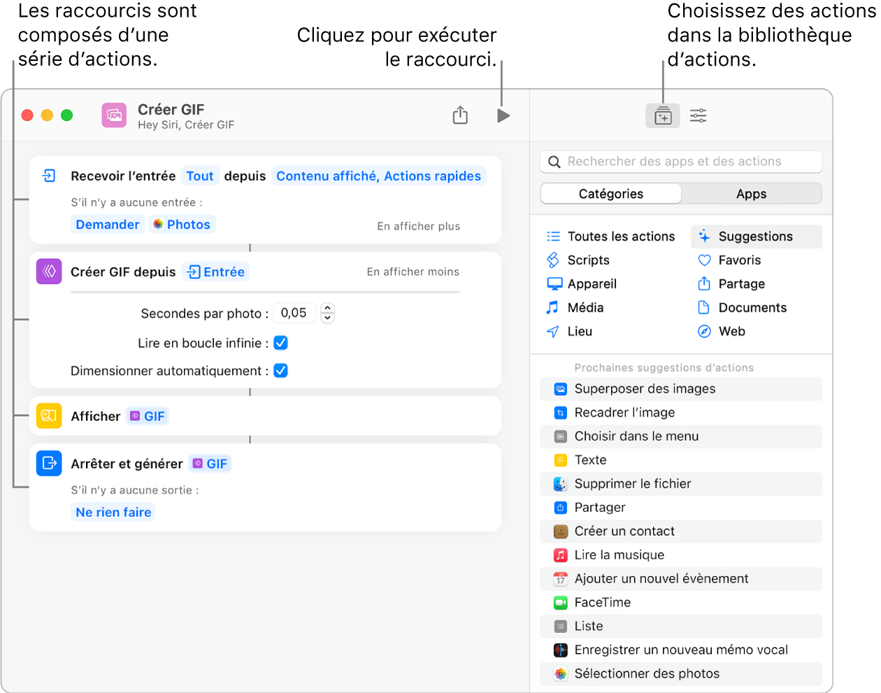 L’éditeur de raccourcis « Créer GIF » sur la gauche et la bibliothèque d’actions sur la droite.