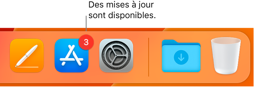 Section du Dock affichant l’icône de l’App Store avec une pastille, ce qui indique que des mises à jour sont disponibles.