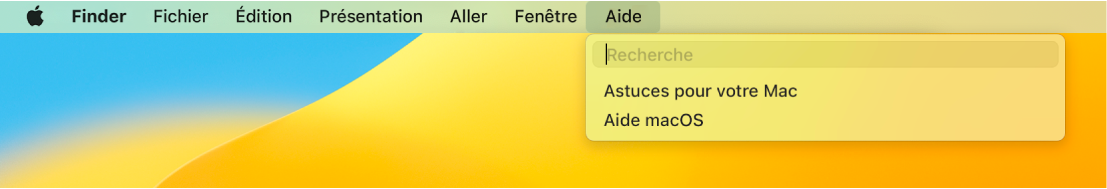 Un bureau partiel avec un menu Aide ouvert, affichant les options de menu Recherche et Aide macOS.