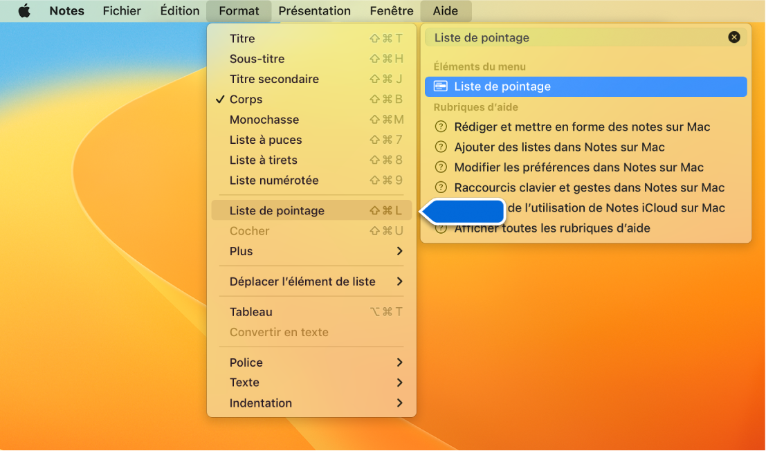 Le menu d’aide présentant une recherche dont le terme est « liste » et la commande « Liste à puces » surlignée dans la liste des résultats et dans le menu Format.