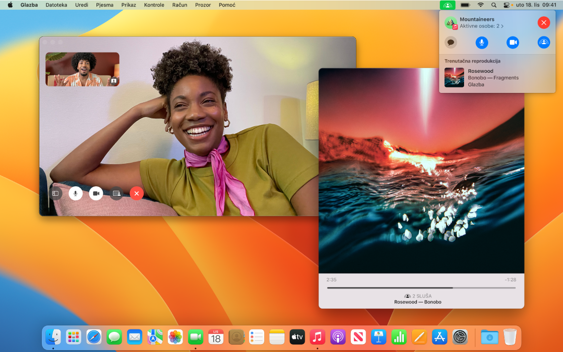 Doživljaj dijeljenog slušanja sa slušateljima u prozoru aplikacije FaceTime i prozorom aplikacije Glazba u kojem se reproducira pjesma.