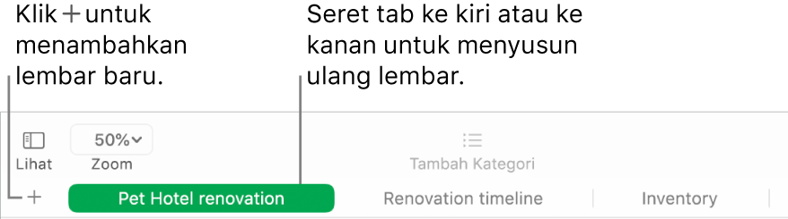 Jendela Numbers menampilkan cara untuk menambah lembar baru dan menyusun ulang lembar.