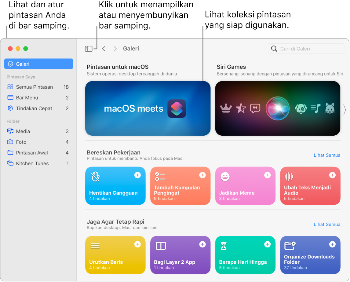 Jendela Pintasan dengan bar samping yang terbuka di sebelah kiri dan Galeri di sebelah kanan. Tombol Bar Samping dan panah navigasi berada di kiri atas di atas Galeri dan bidang pencarian berada di kanan atas.