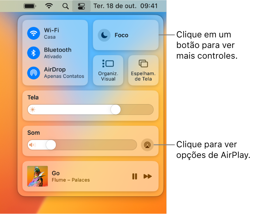 Visualização ampliada da Central de Controle no Mac, com uma chamada para o botão Exibir.