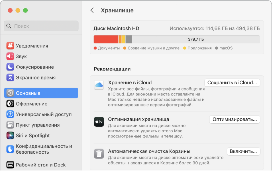 Рекомендуемые настройки хранилища: «Хранение в iCloud», «Оптимизация хранилища» и «Очищать Корзину автоматически».