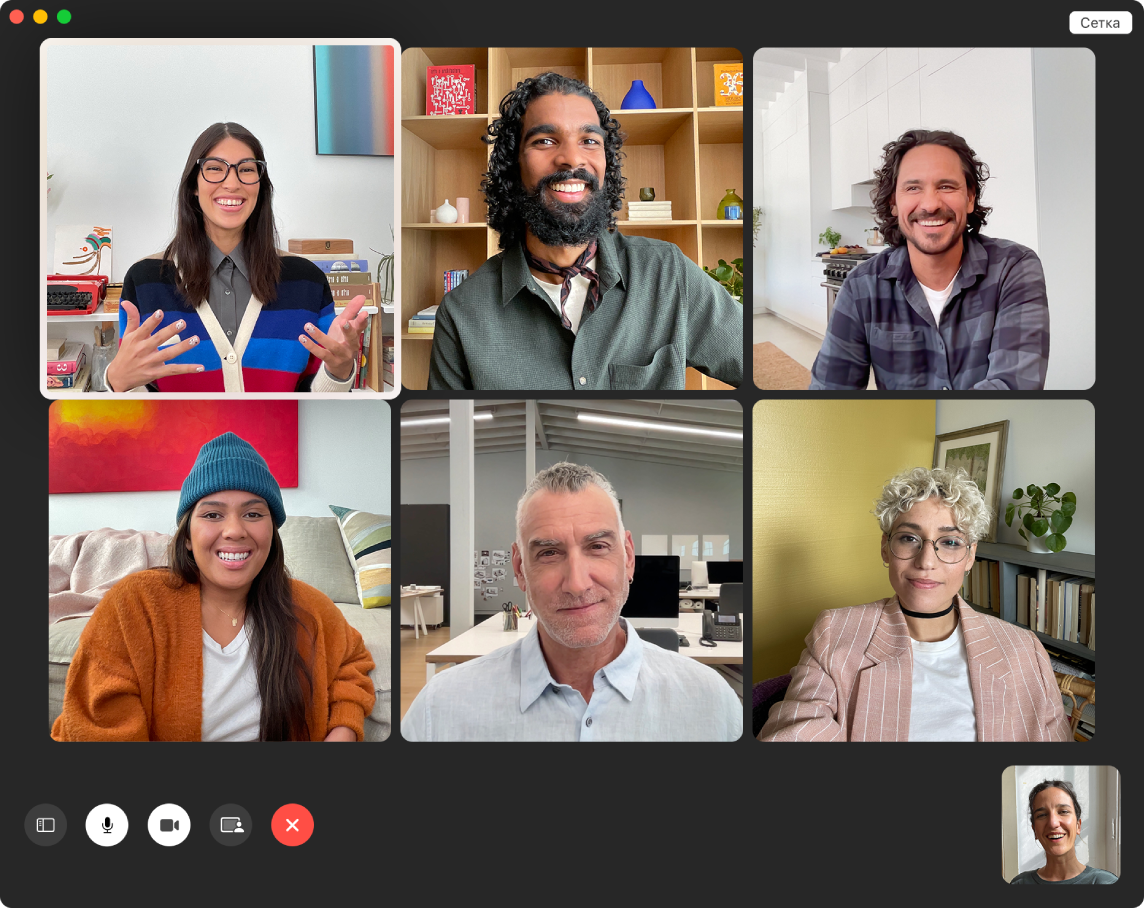 Окно FaceTime, в котором видна группа приглашенных пользователей.