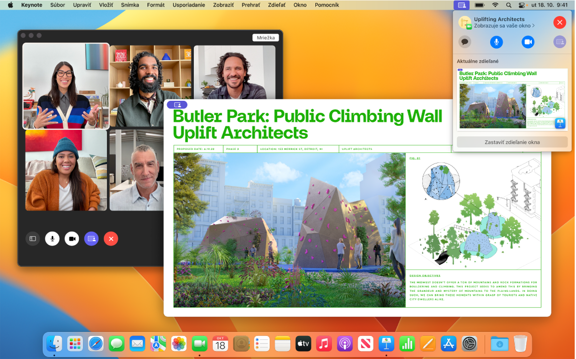 Apka zdieľajúca obsah s účastníkmi FaceTime hovoru, otvorené okno Keynote, ktoré si prezerajú, a menšie okno s ovládacími prvkami SharePlay.