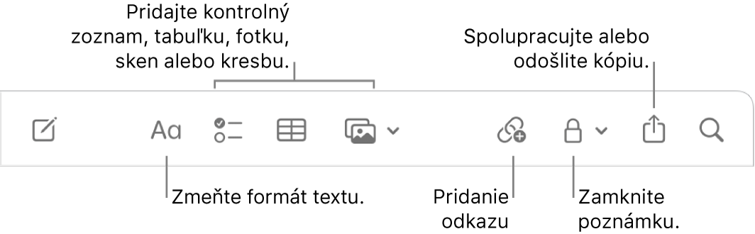 Panel s nástrojmi Poznámky s nástrojmi bublina v textovom formáte, kontrolný zoznam, tabuľka, odkaz, fotka/médiá a kopírovanie.